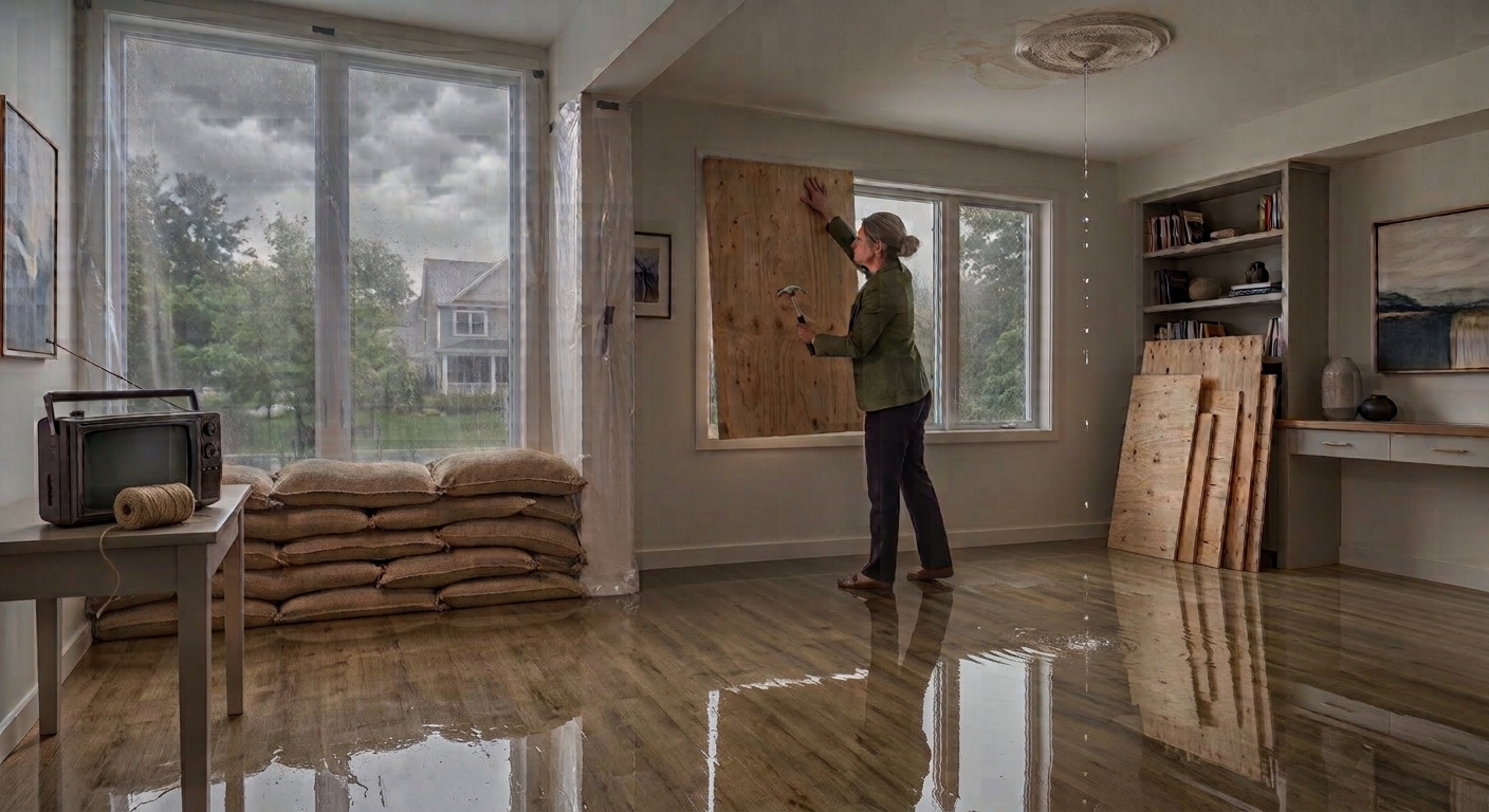 A homeowner boards up a window while the room behind them is already flooded